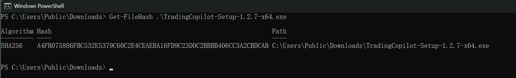 PowerShell 窗口里 Get-FileHash 的输出：Algorithm 为 SHA256，Hash 为 A4FB0758 开头的 64 位十六进制串，Path 为下载目录下的 TradingCopilot-Setup-1.2.7-x64.exe。